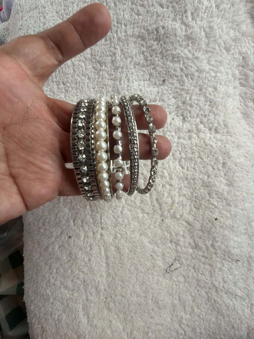 Flirt Silver-Tone Multi-Row Pearl and Rhinestone Bangle Bracelet Set